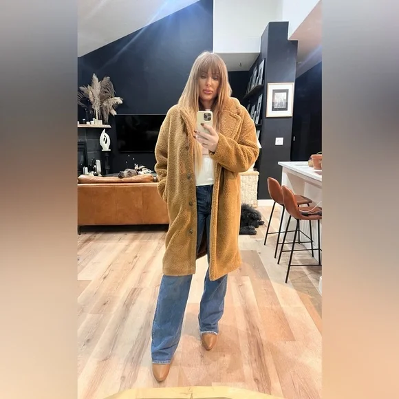 Gap tan brown teddy Sherpa coat jacket size large - Picture 2 of 6